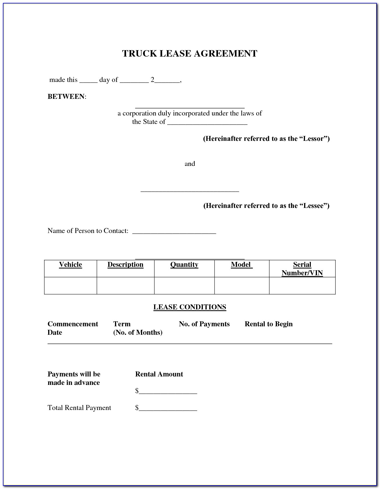Commercial Truck Lease Agreement Form
