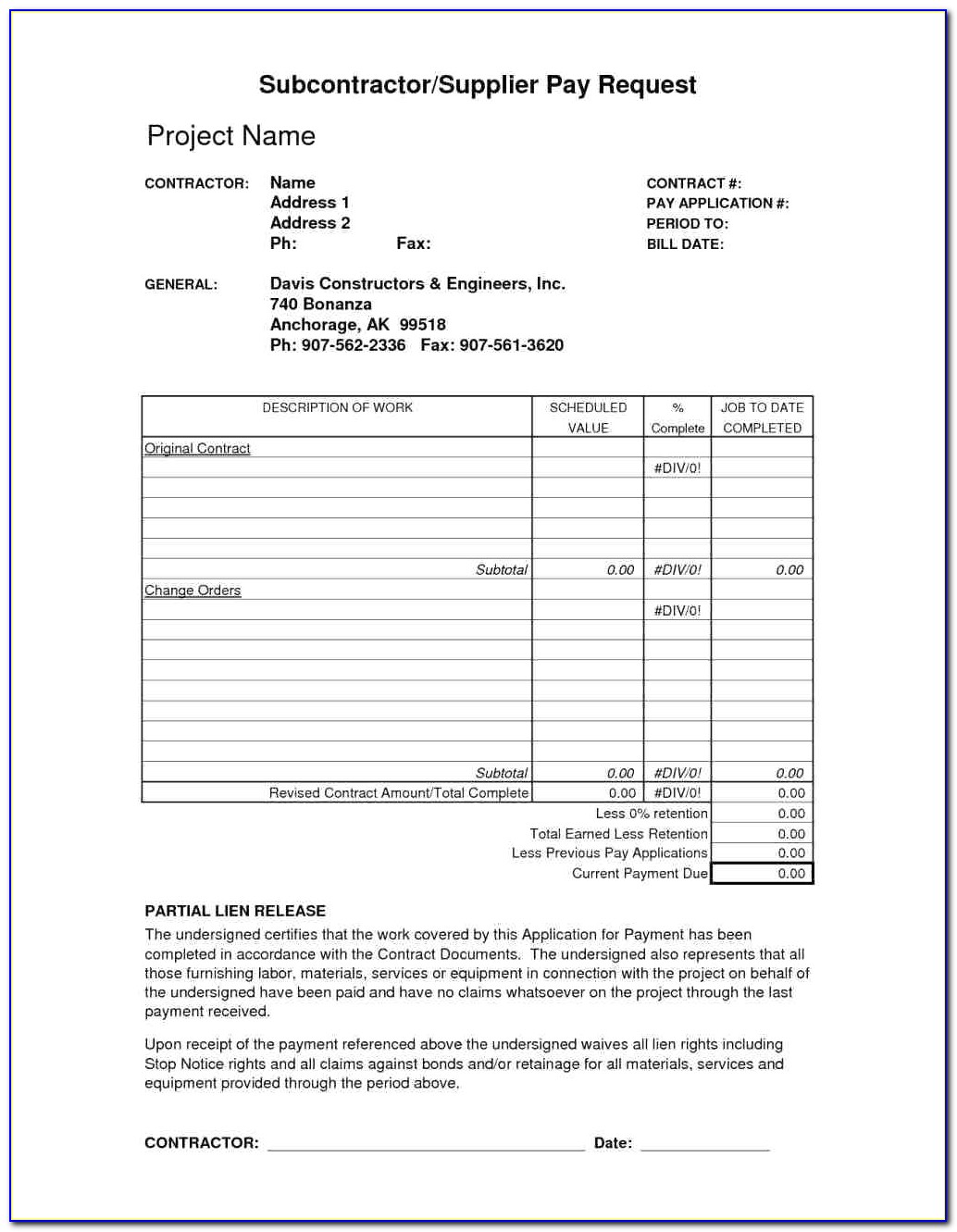 Construction Draw Request Form Template