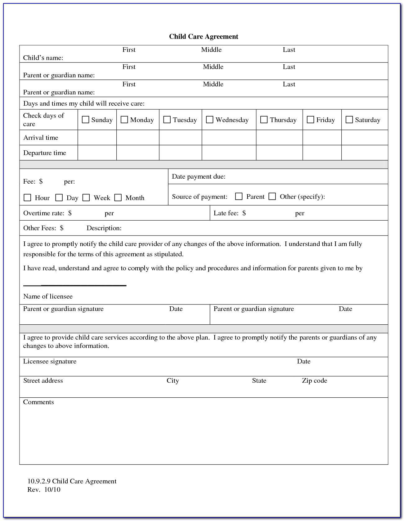 Daycare Financial Agreement Form