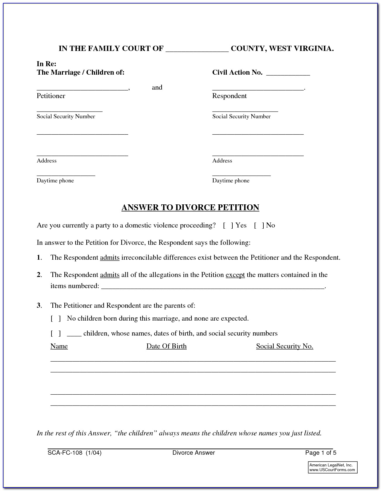 Divorce Forms In Virginia State