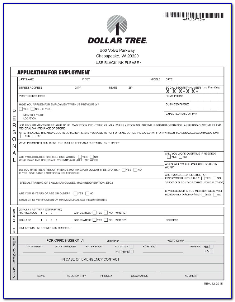 Dollar Tree Job Application Form Online