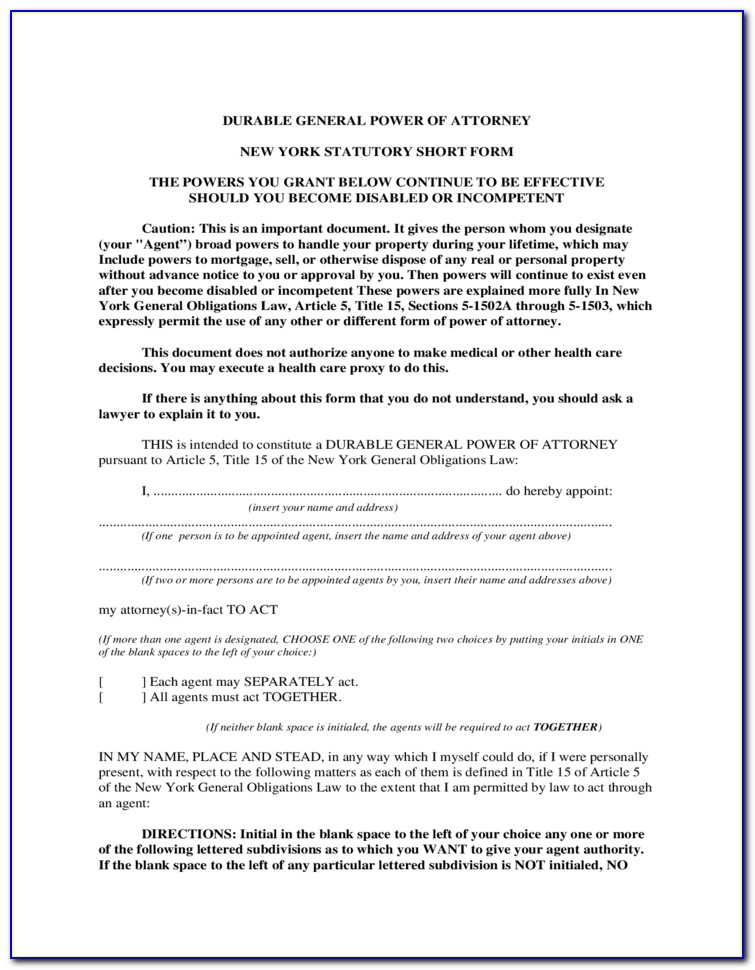 Durable General Power Of Attorney New York Statutory Short Form 2010