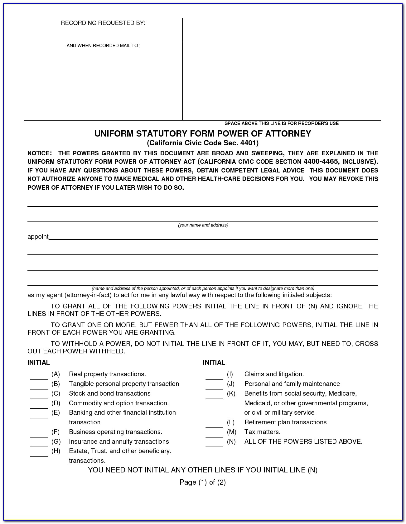 Durable Power Of Attorney For Health Care Form Ohio