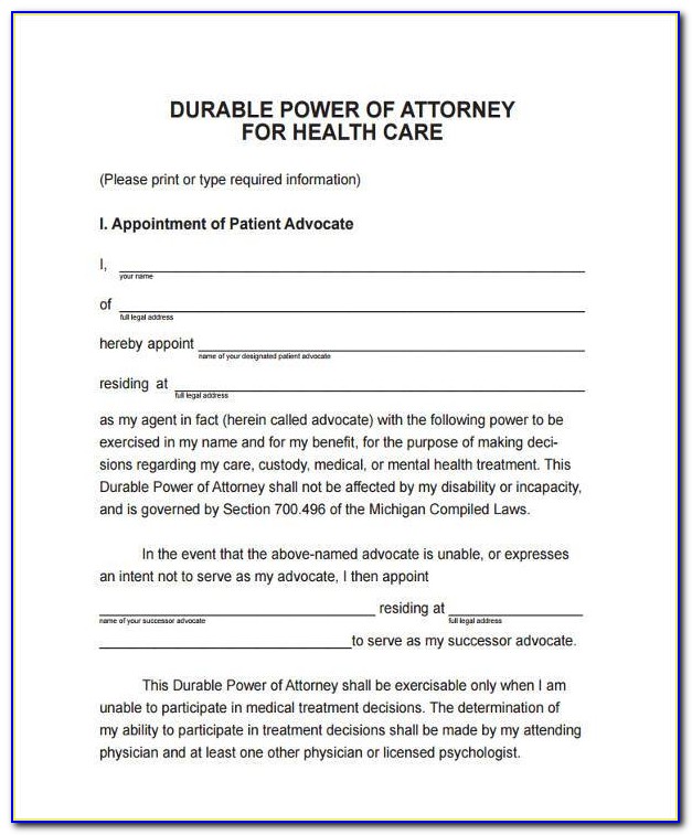 Durable Power Of Attorney For Health Care Form Washington State