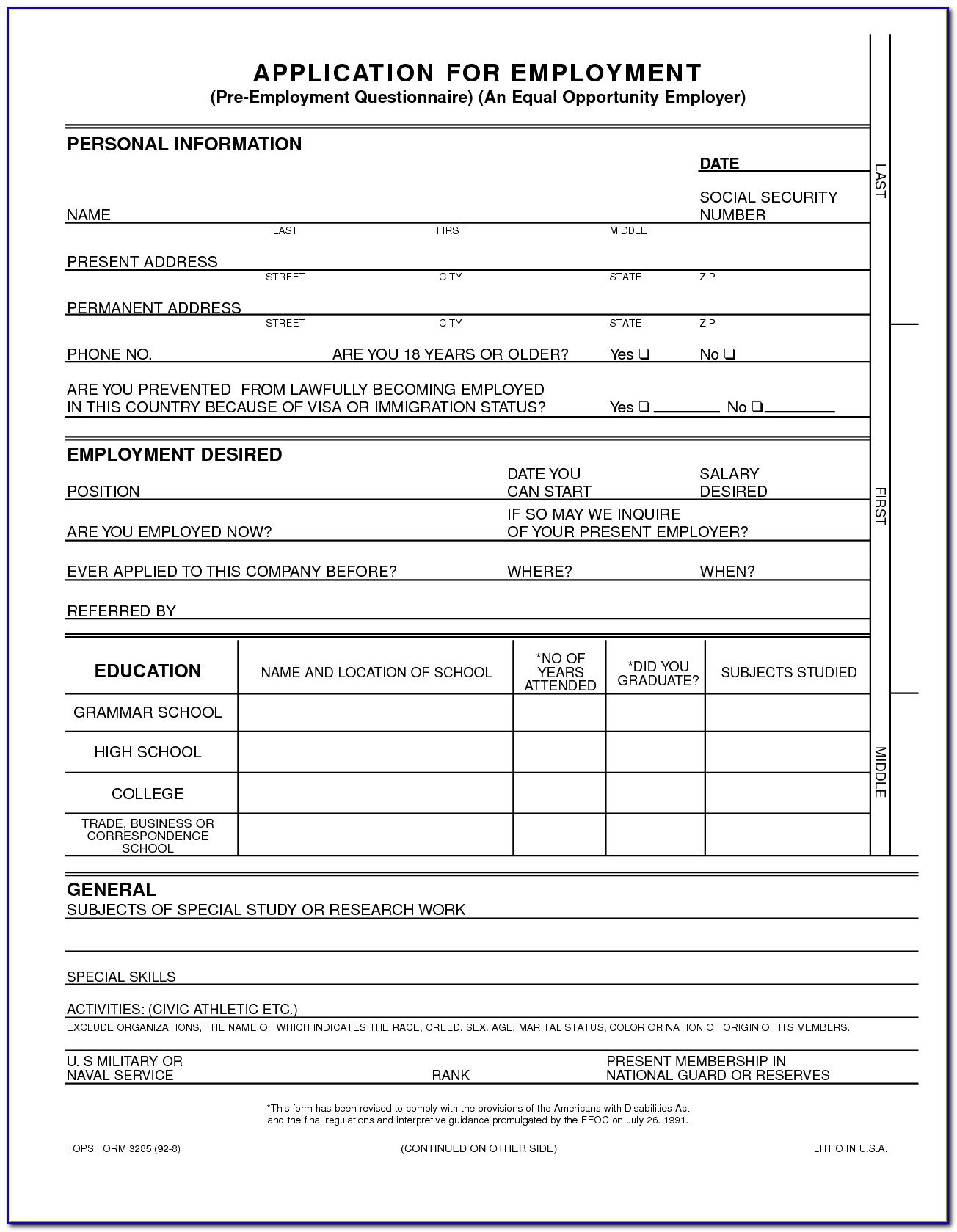 Employment Application Form California Free Pdf
