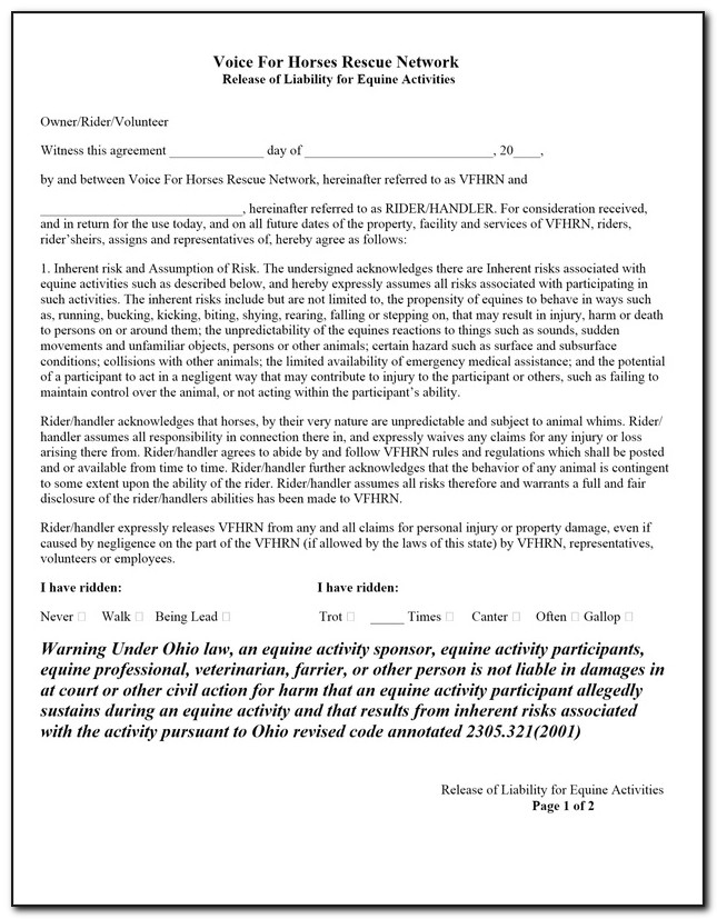 Equine Liability Release Form Template