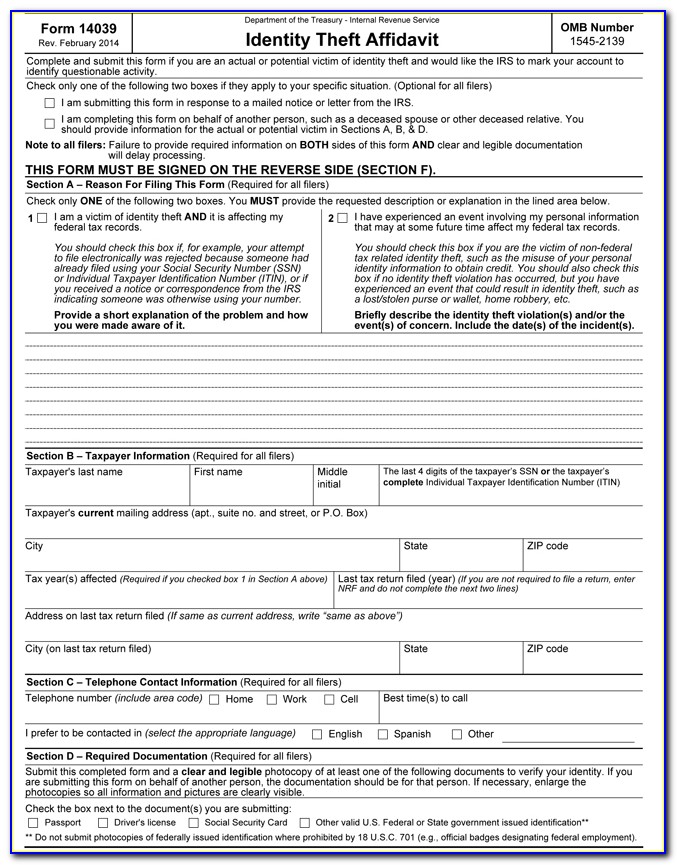 Example Identity Theft Affidavit Form