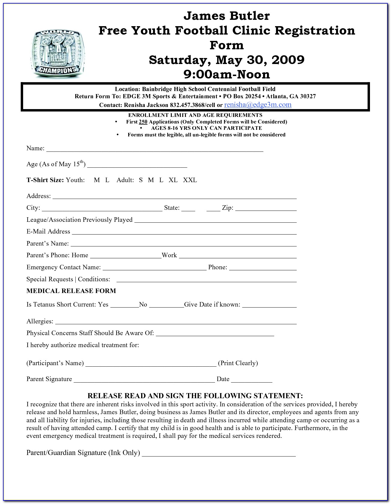 Football Player Registration Form Template Word