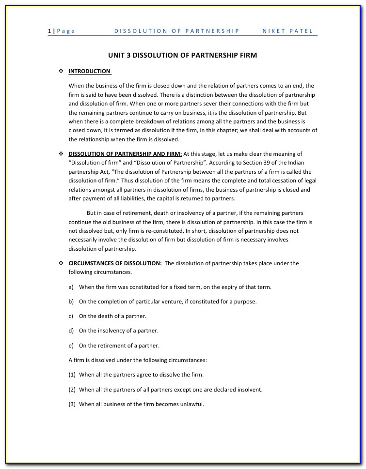 Form For Dissolution Of Partnership Firm