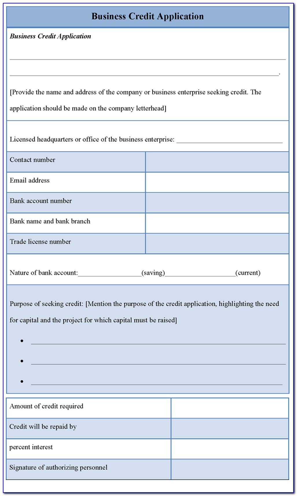 Free Business Credit Application Form Template South Africa