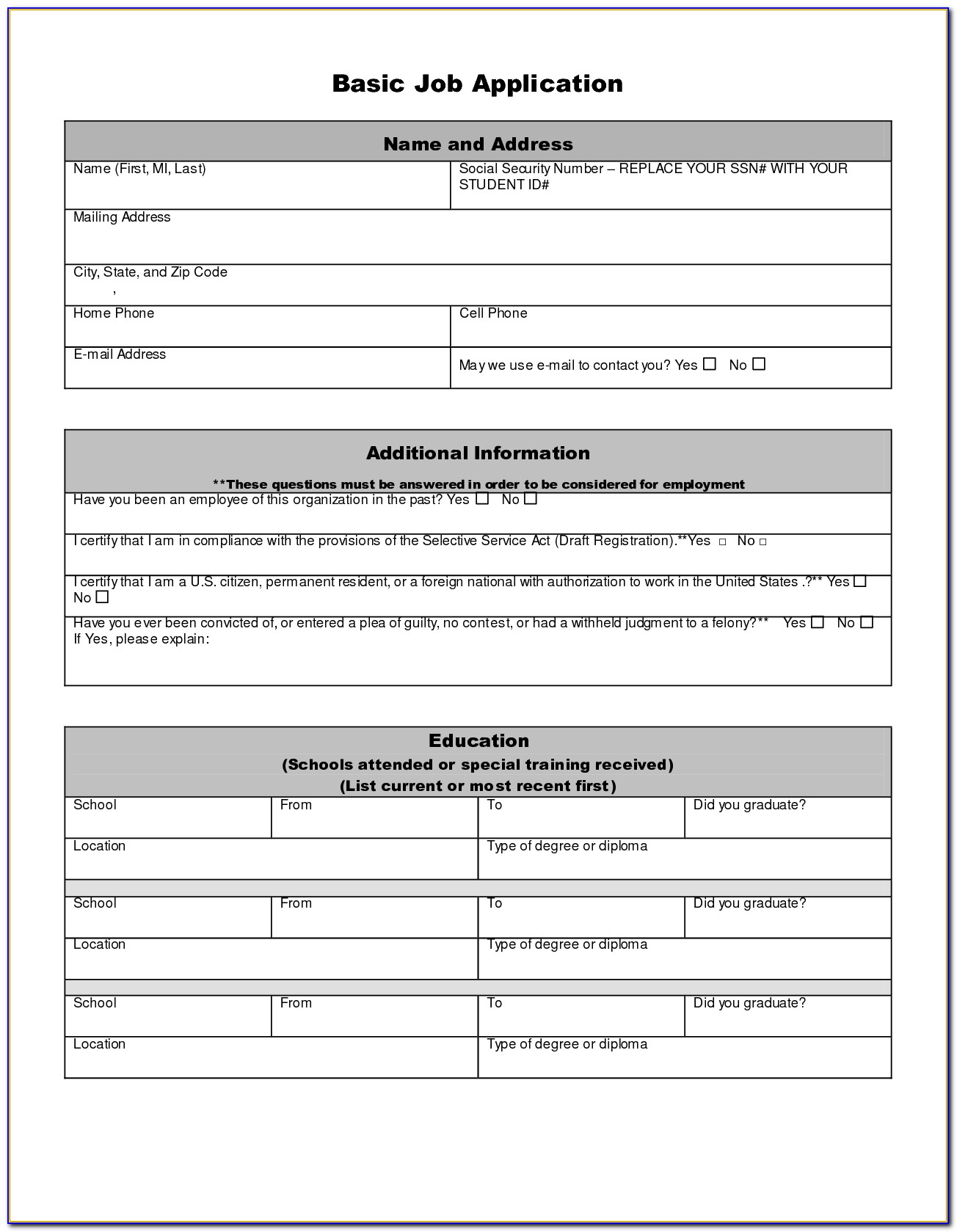 Free Job Application Forms To Print