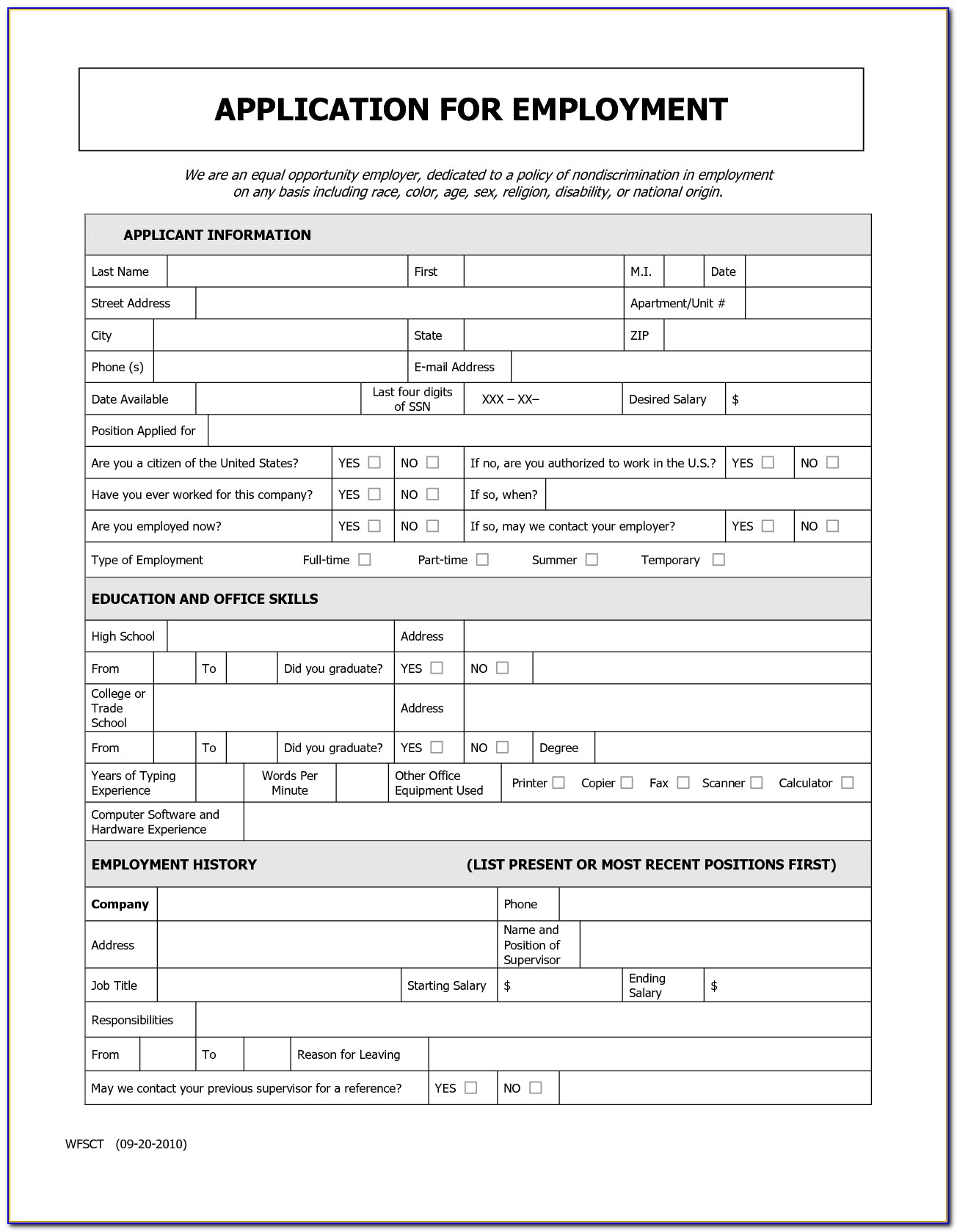 Free Printable Generic Employment Application Form