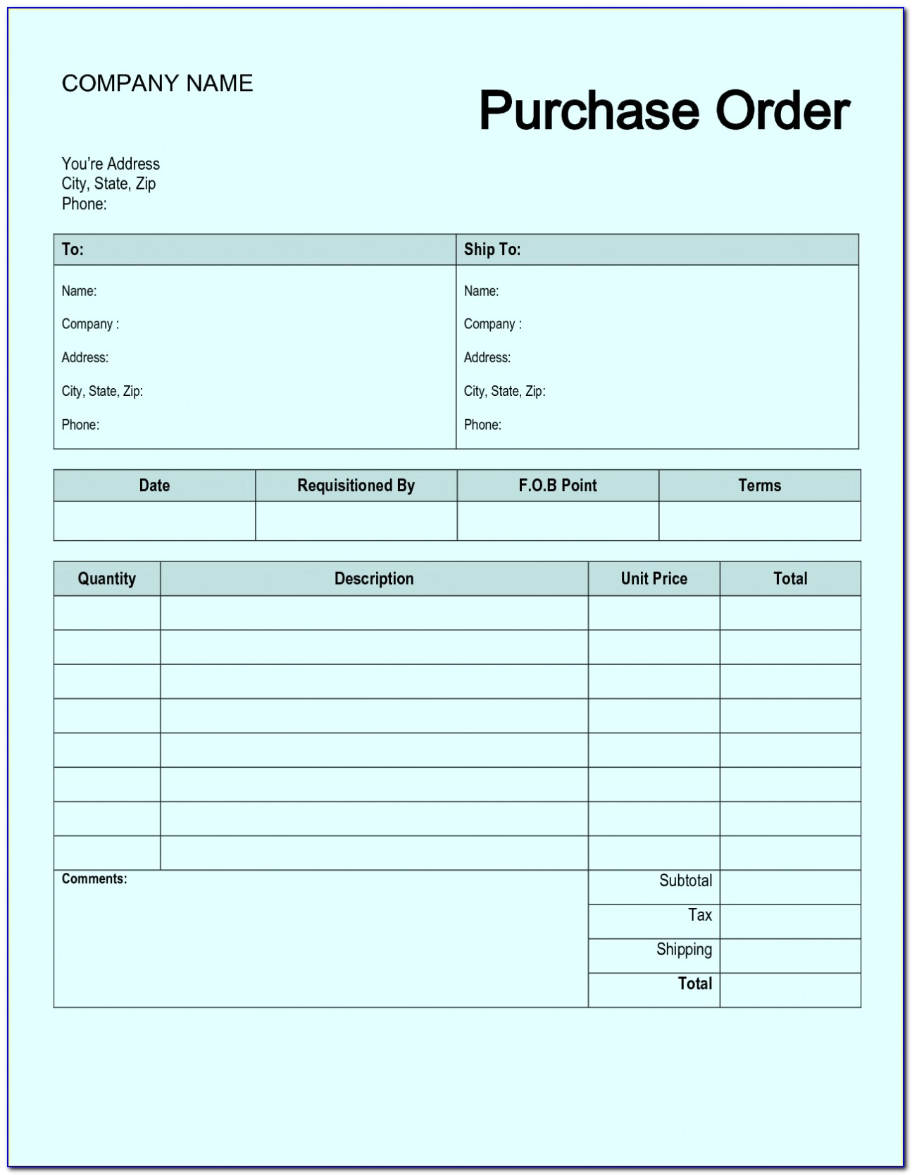 Free Sample Purchase Order Form Excel
