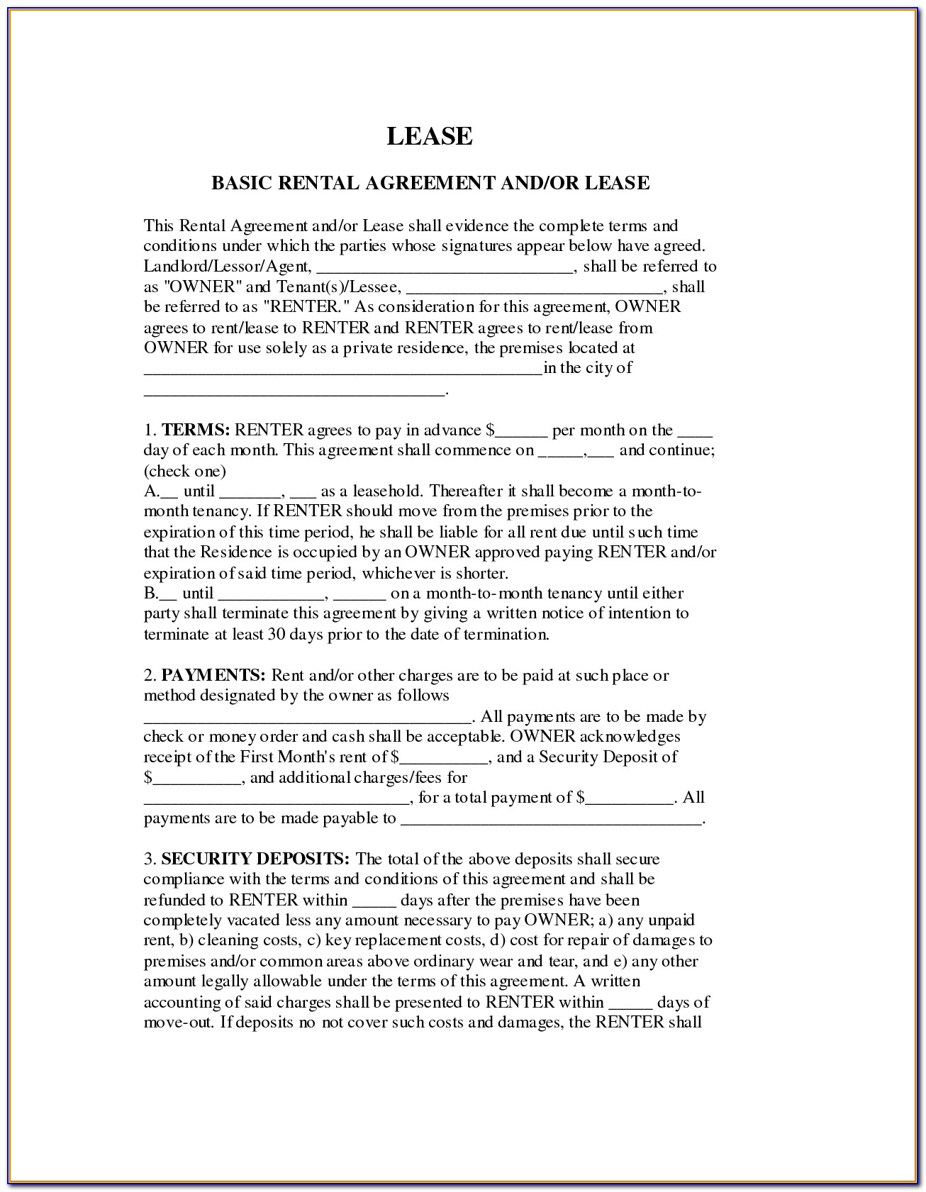 Free Simple Rental Lease Form