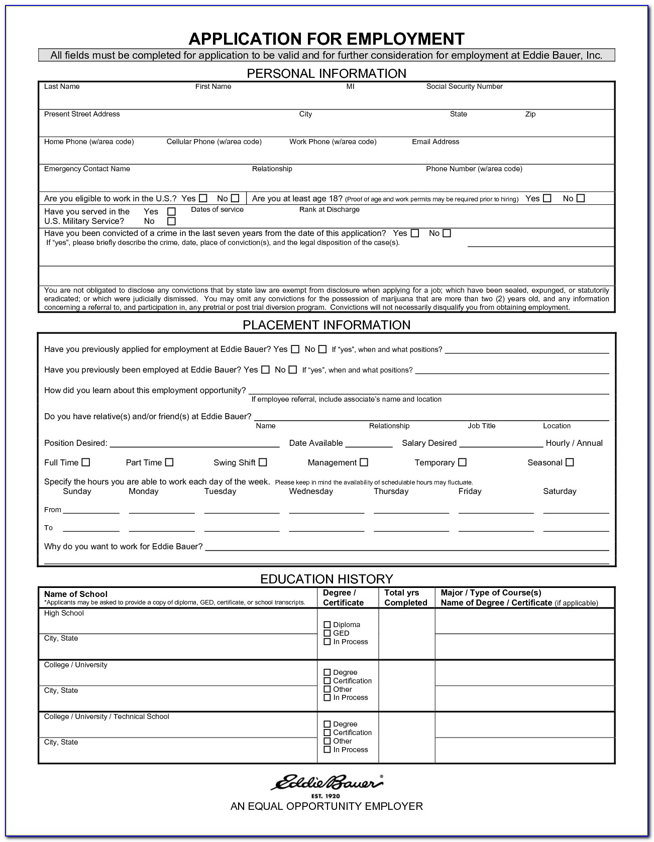 Free Standard Employment Application Blank Form