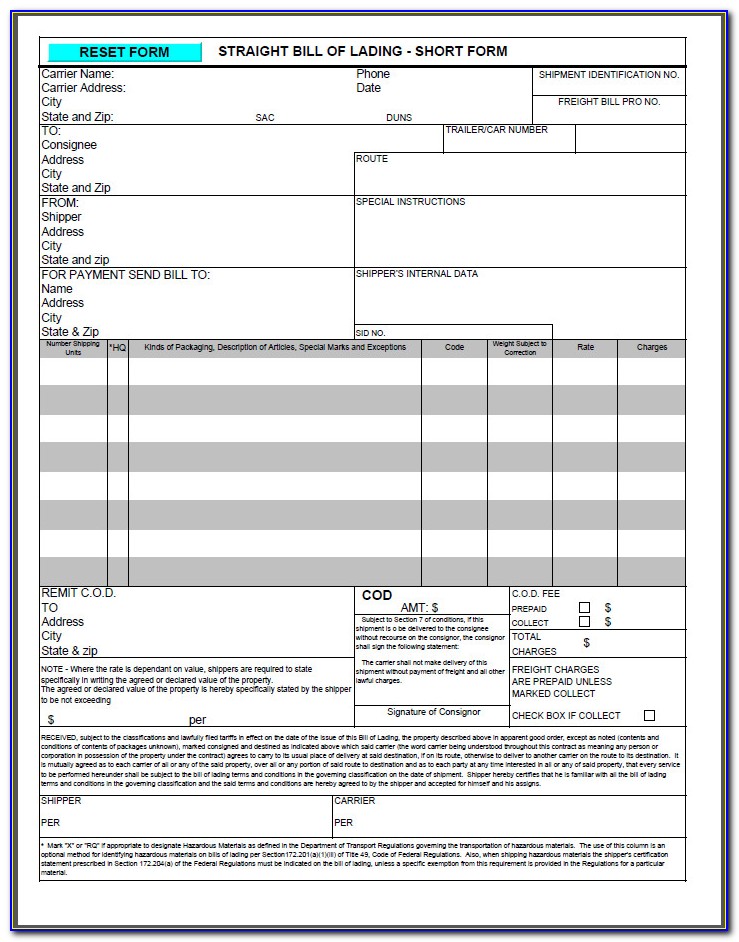 Generic Bill Of Lading Form Free