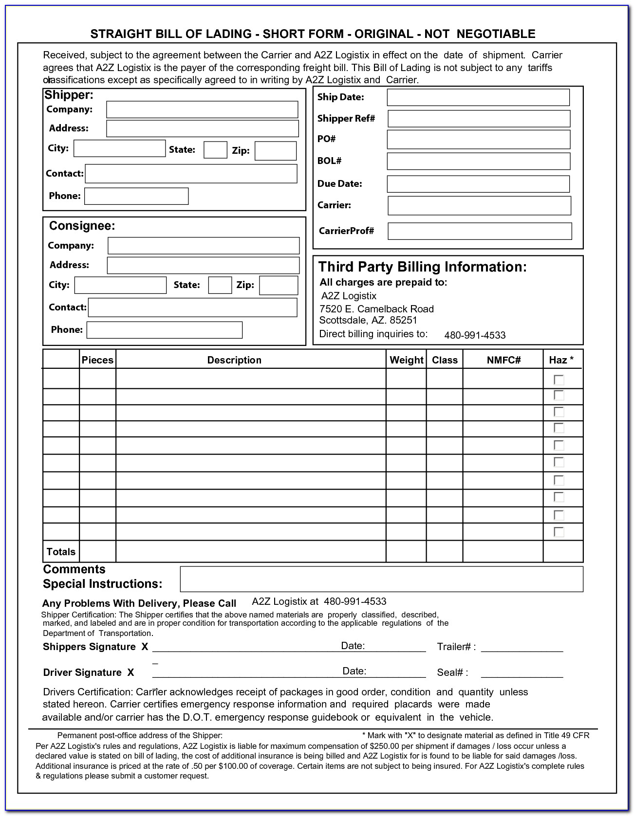 Generic Bill Of Lading Form Template