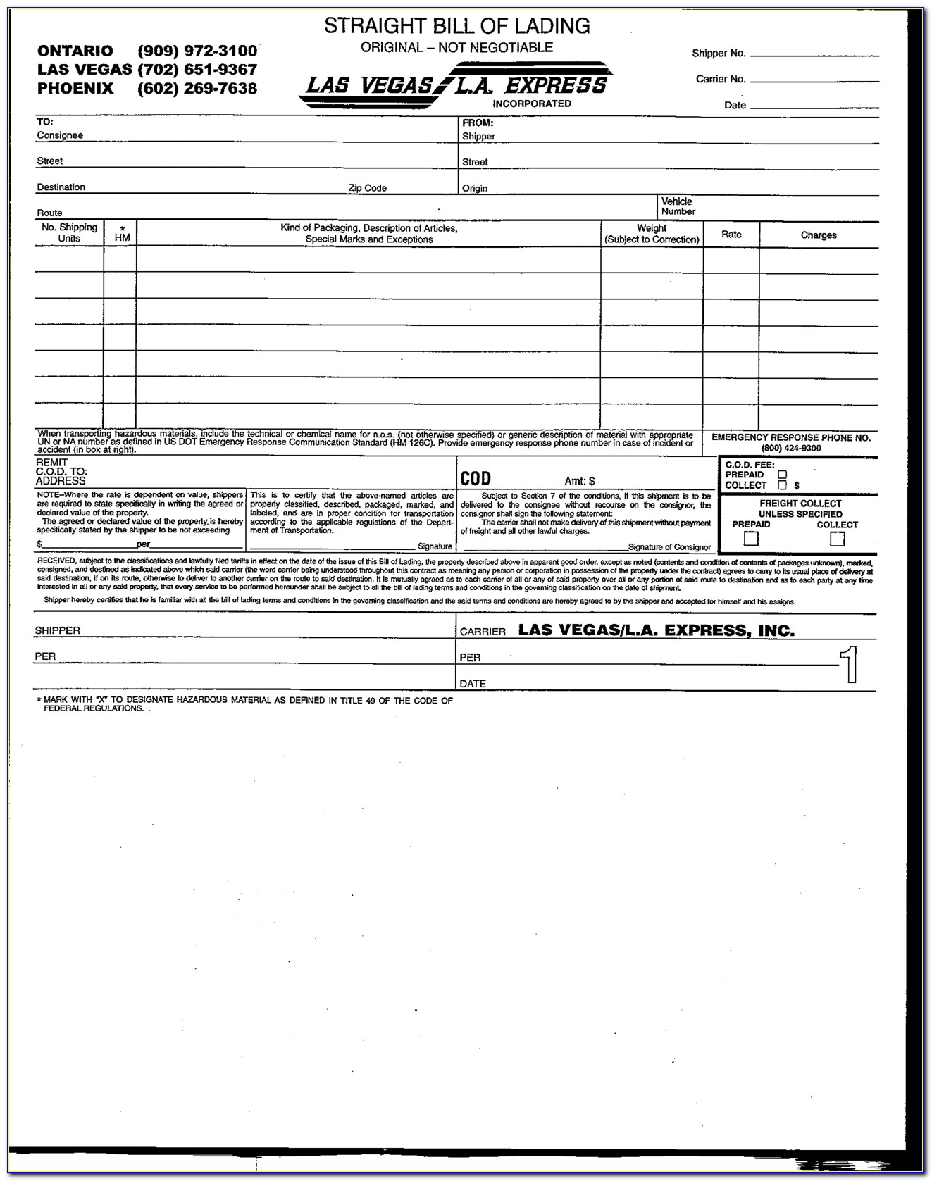 Generic Straight Bill Of Lading Template