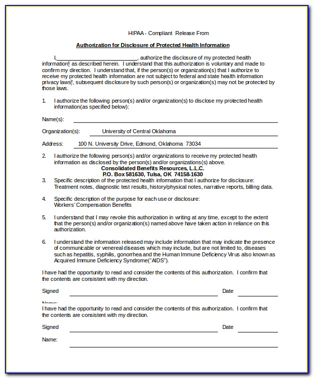 Hipaa Compliant Release Of Information Form