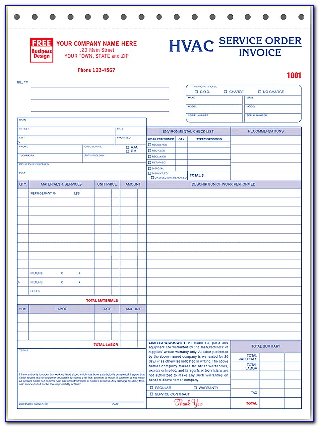 Hvac Invoice Forms Excel