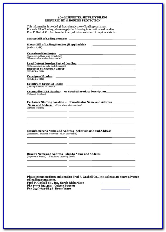 Importer Security Filing Form Usa