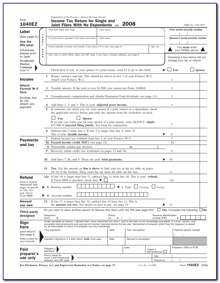 Income Tax Return Form 1040ez