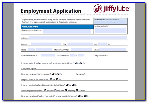 Jiffy Lube Job Application Pdf
