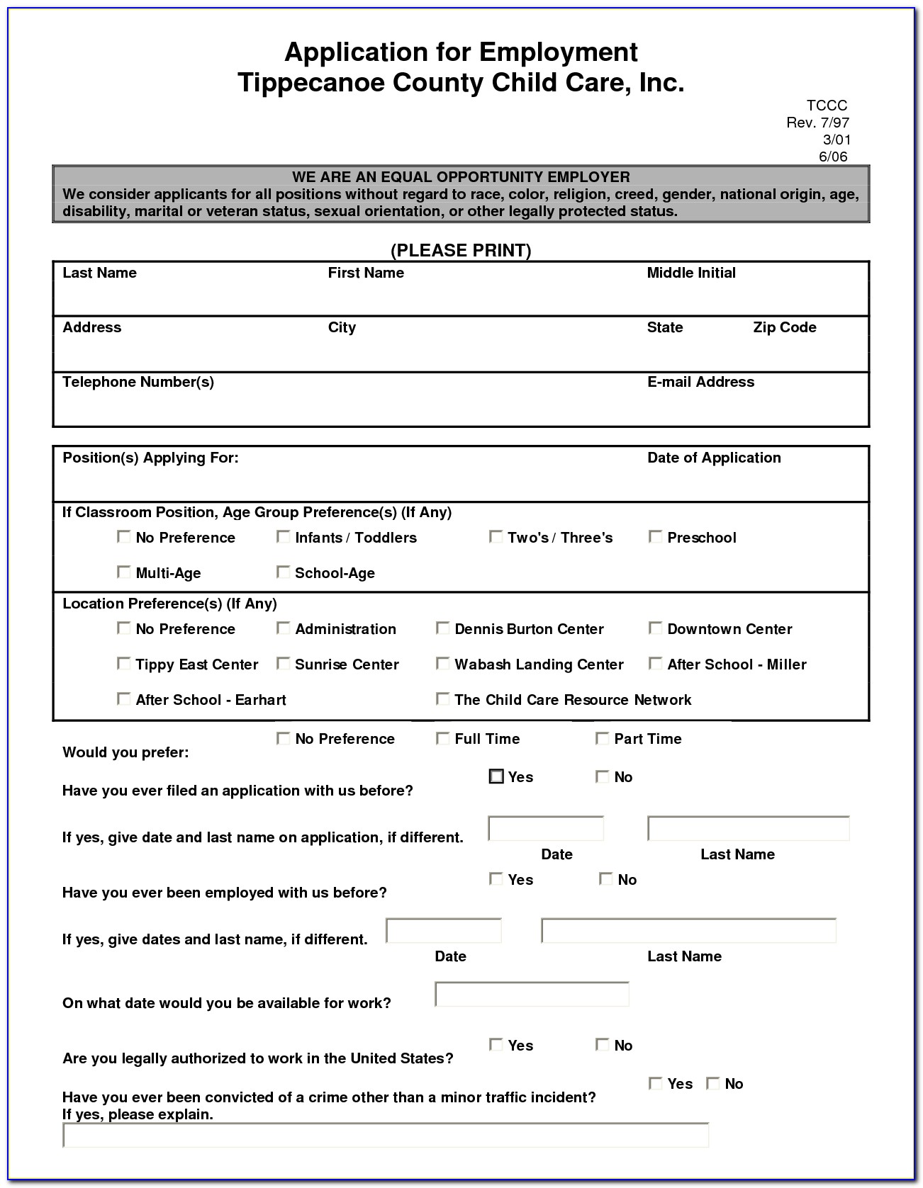 Job Application Form For Daycare