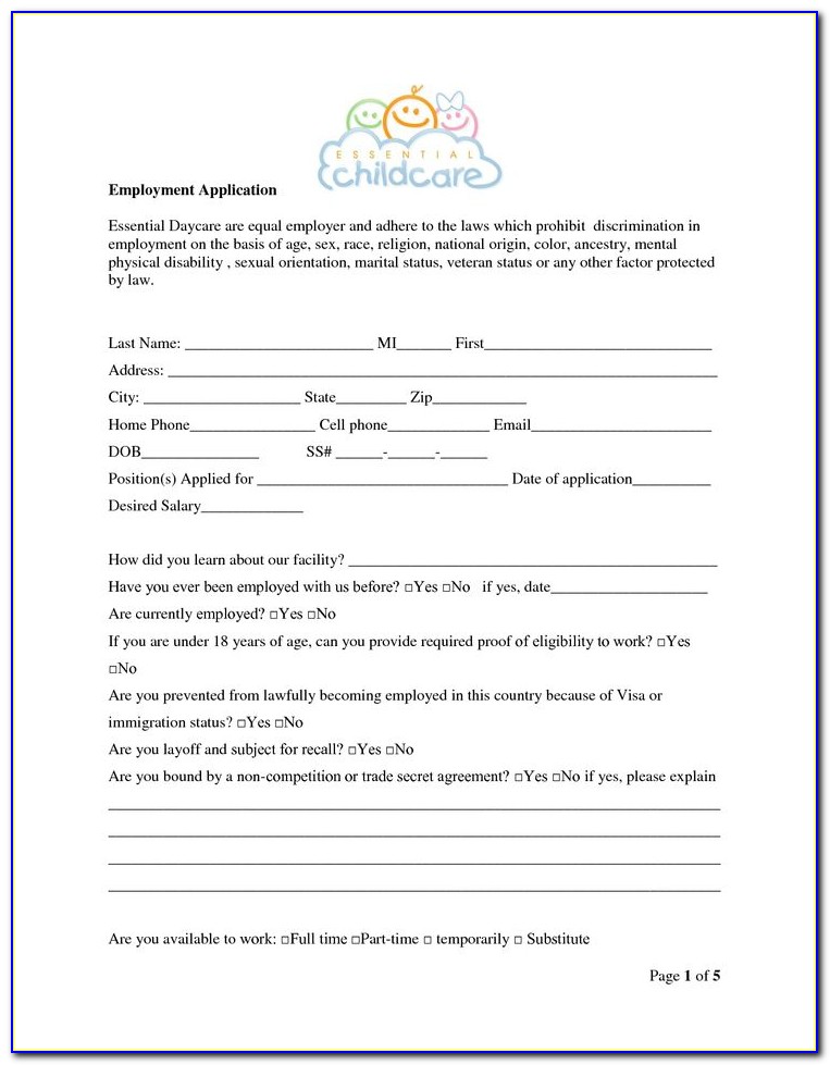 Job Application Template For Daycare