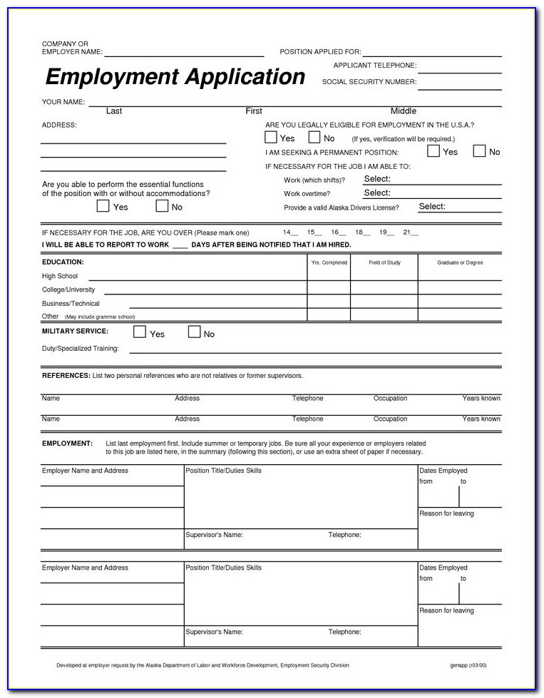 Job Application Template Free Printable