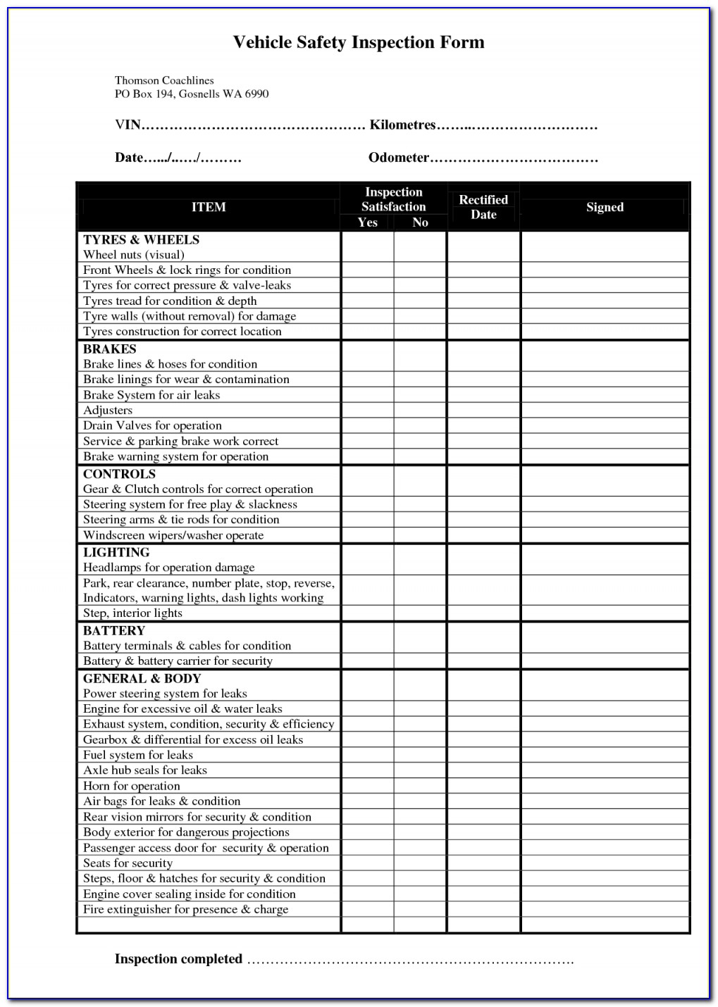 Vehicle Safety Checklist Template Choice Image Template Design Ideas In Vehicle Safety Checklist Form