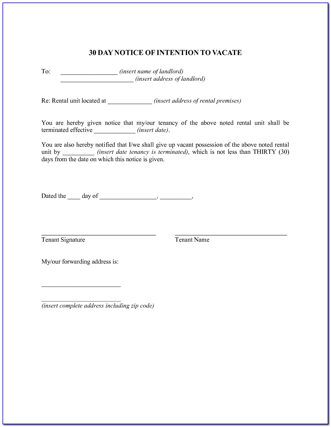 Landlord 30 Day Notice To Vacate Form