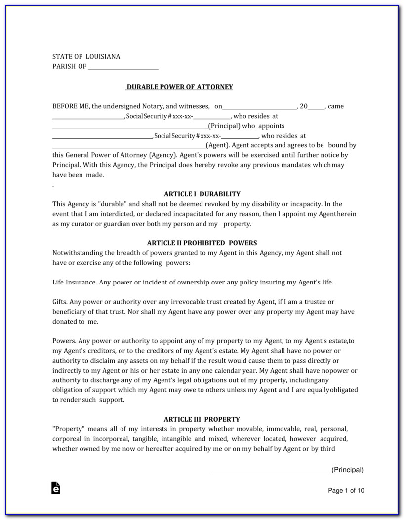 Louisiana Durable Power Of Attorney Form