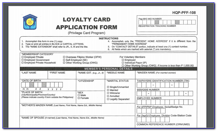 Loyalty Card Application Form Sample
