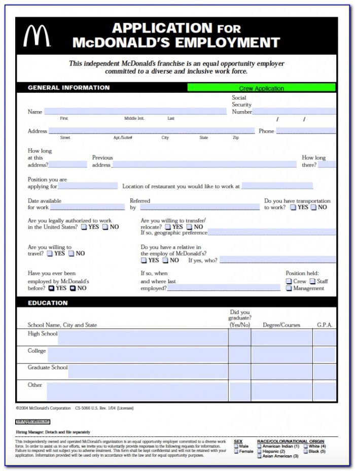 Mcdonalds Applications Form