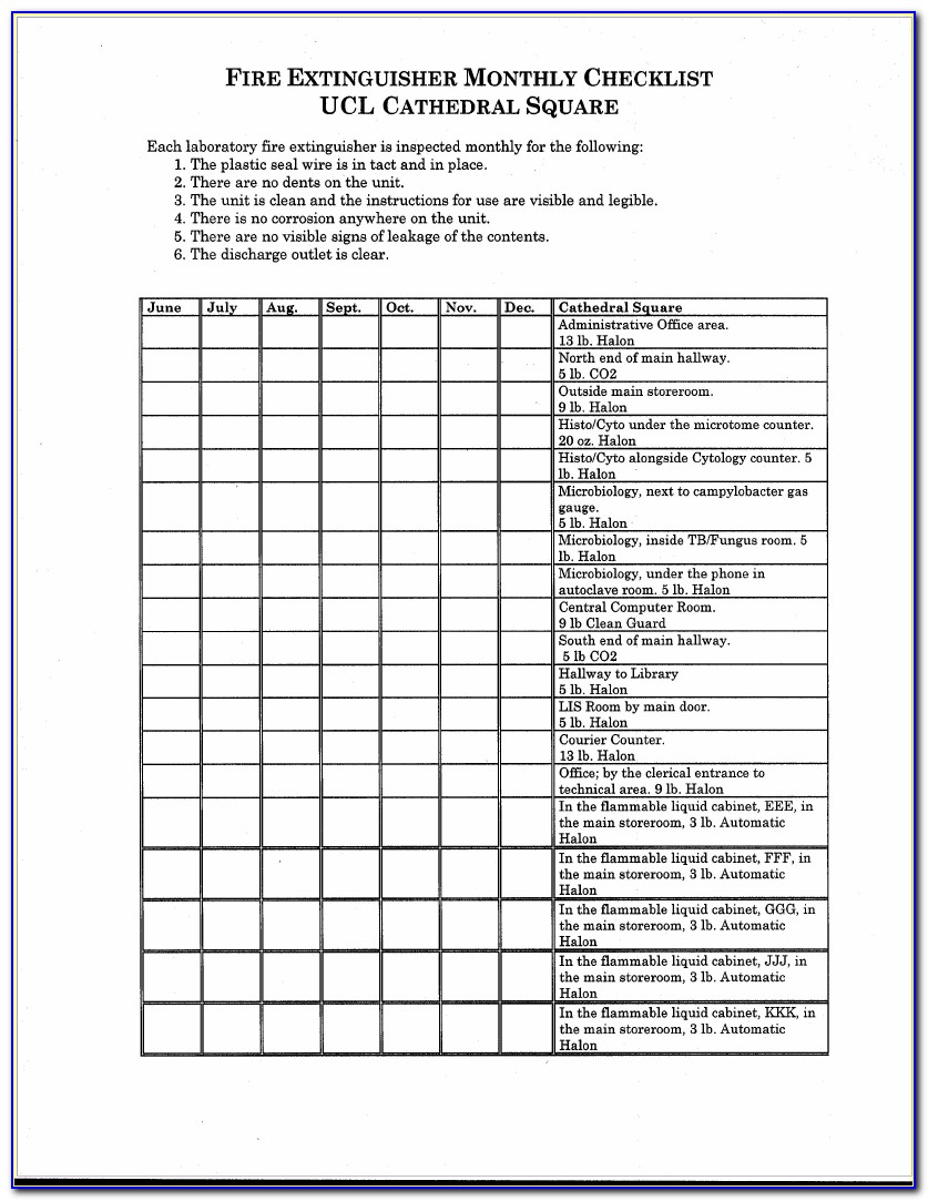 Monthly Fire Extinguisher Inspection Form Excel