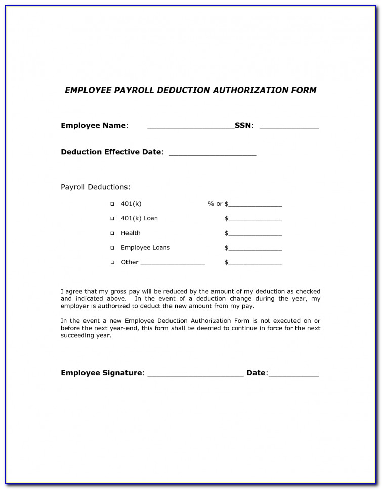 One Time Payroll Deduction Authorization Form Template