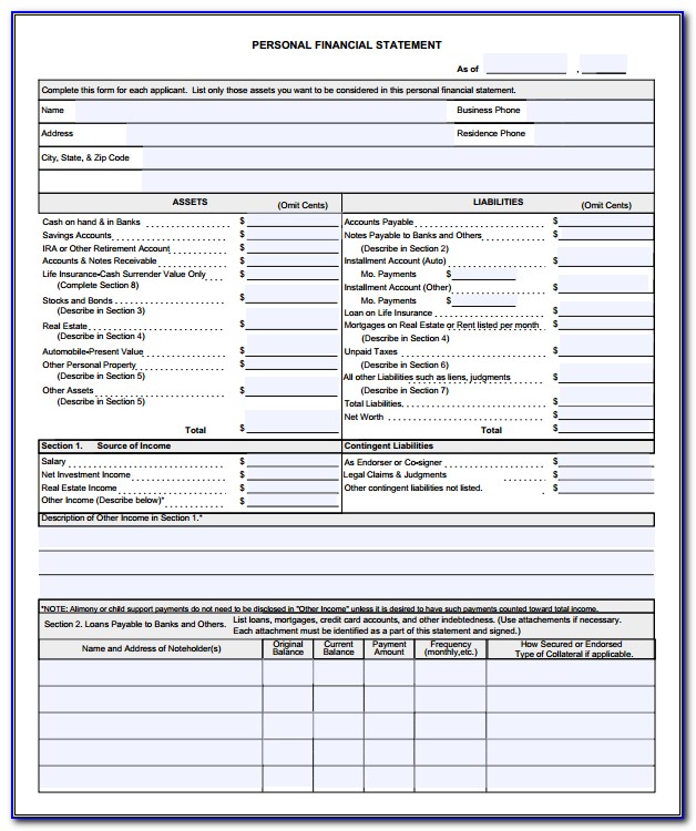 Personal Financial Statement Sample Format