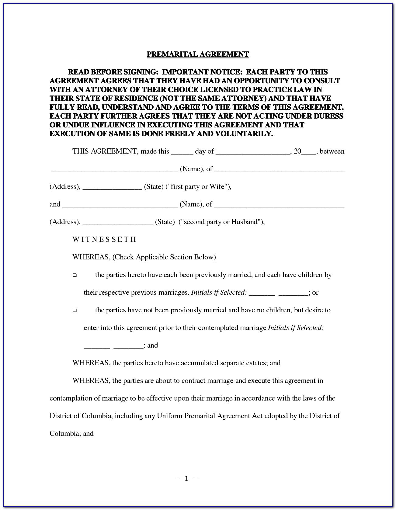 Prenuptial Agreement Form Free Download