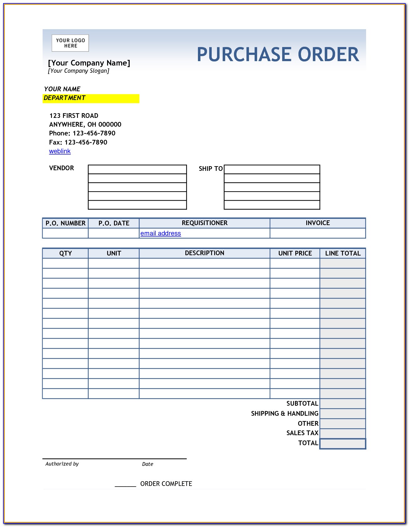 Purchase Order Form Sample Free Download