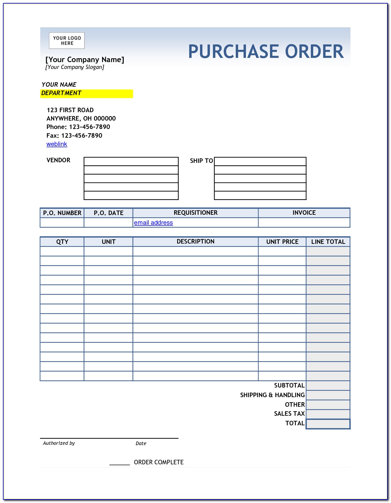 Purchase Order Sample Free Download