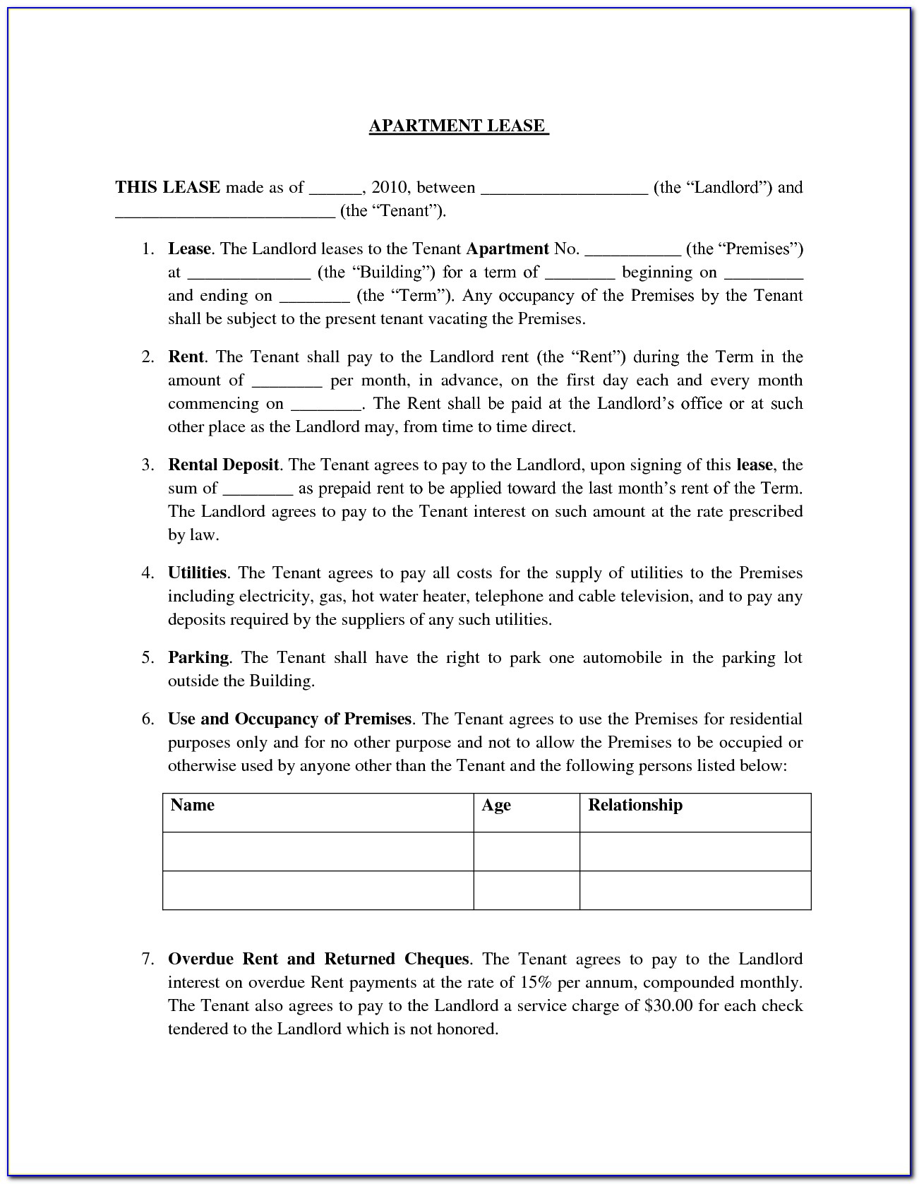 Rent Lease Agreement Form