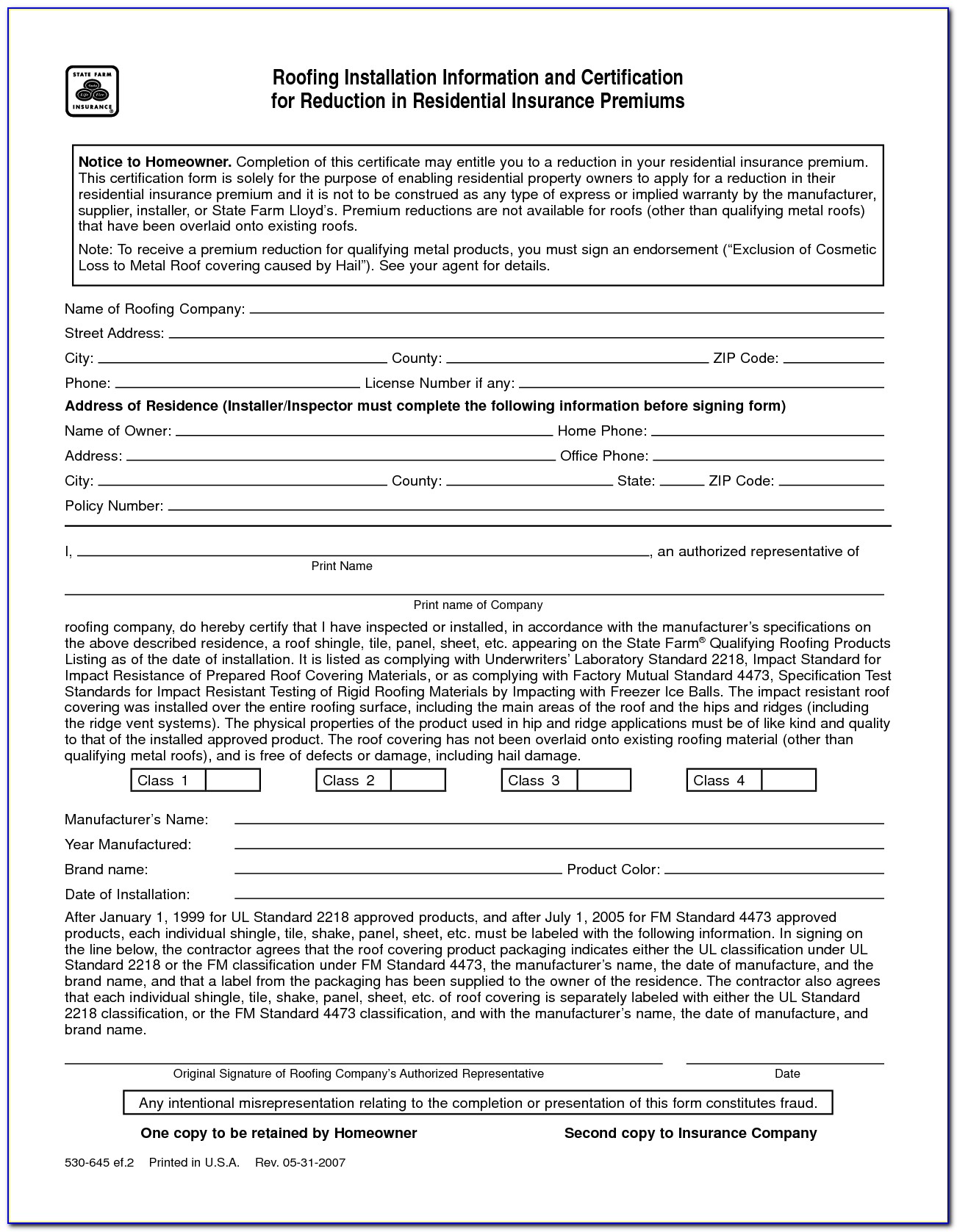 Roof Certification Form Template