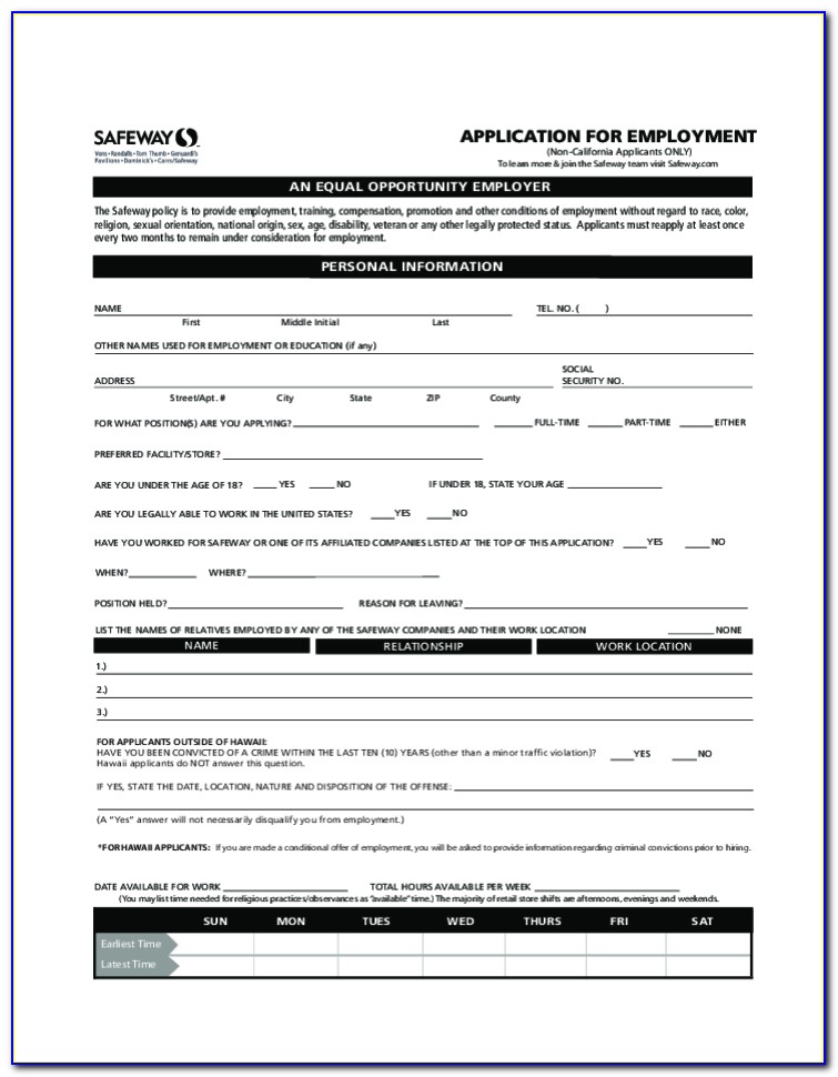 Safeway Jobs Application Form