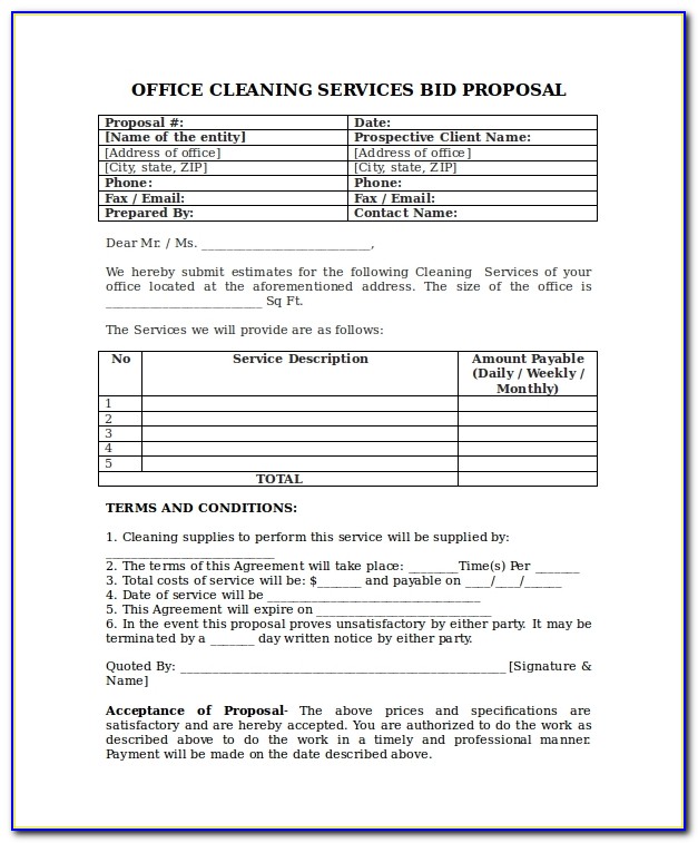 Sample Bid Proposal Form For Cleaning