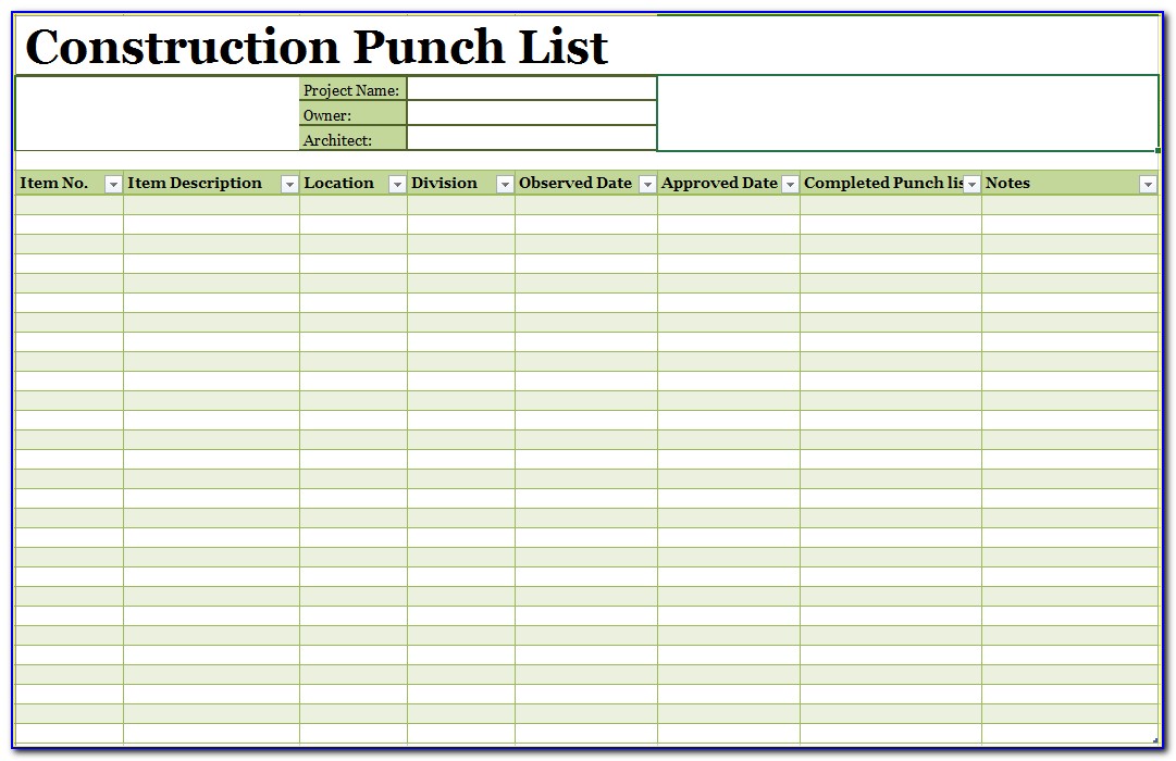 Sample Construction Punch List Form