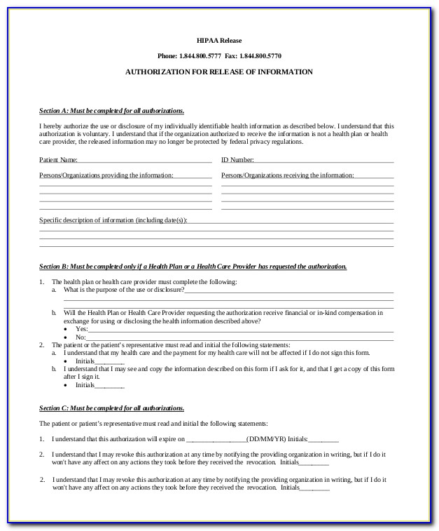 Sample Hipaa Compliant Release Of Information Form