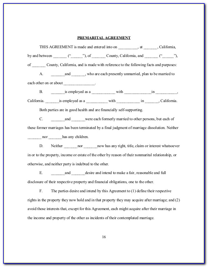 Sample Prenuptial Agreement Form California