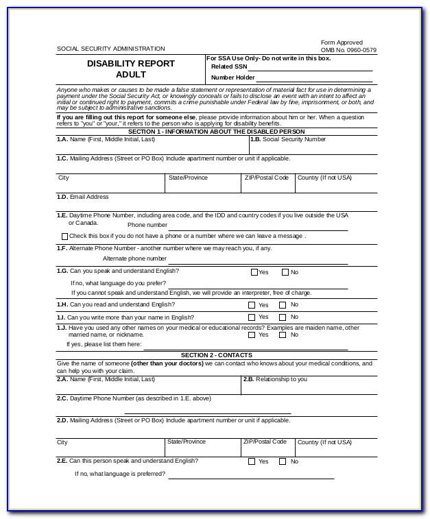 Social Security Disability Application Forms Printable