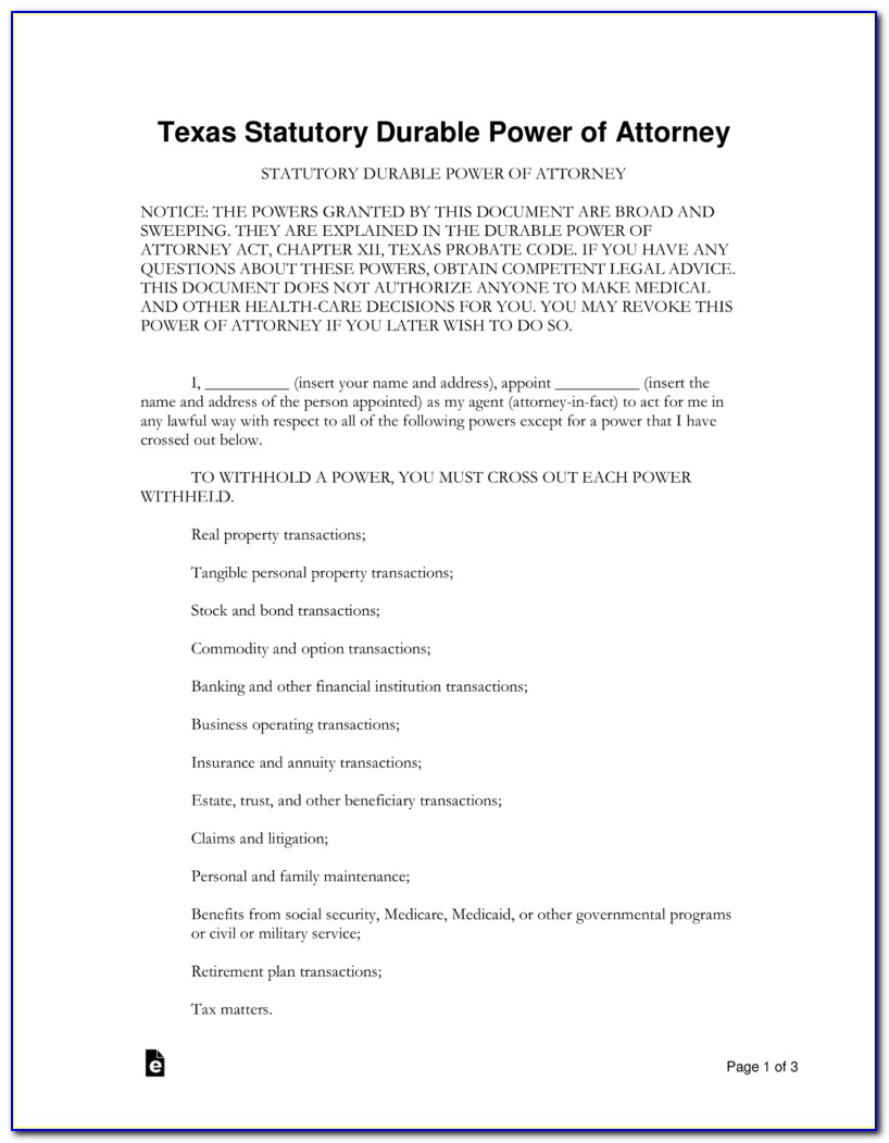 Statutory Durable Power Of Attorney Form Texas